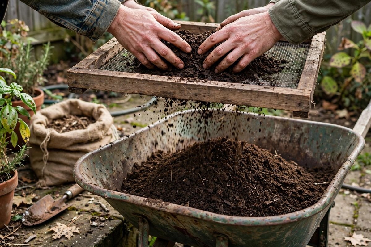 Sifting finished compost through a mesh screen over a wheelbarrow