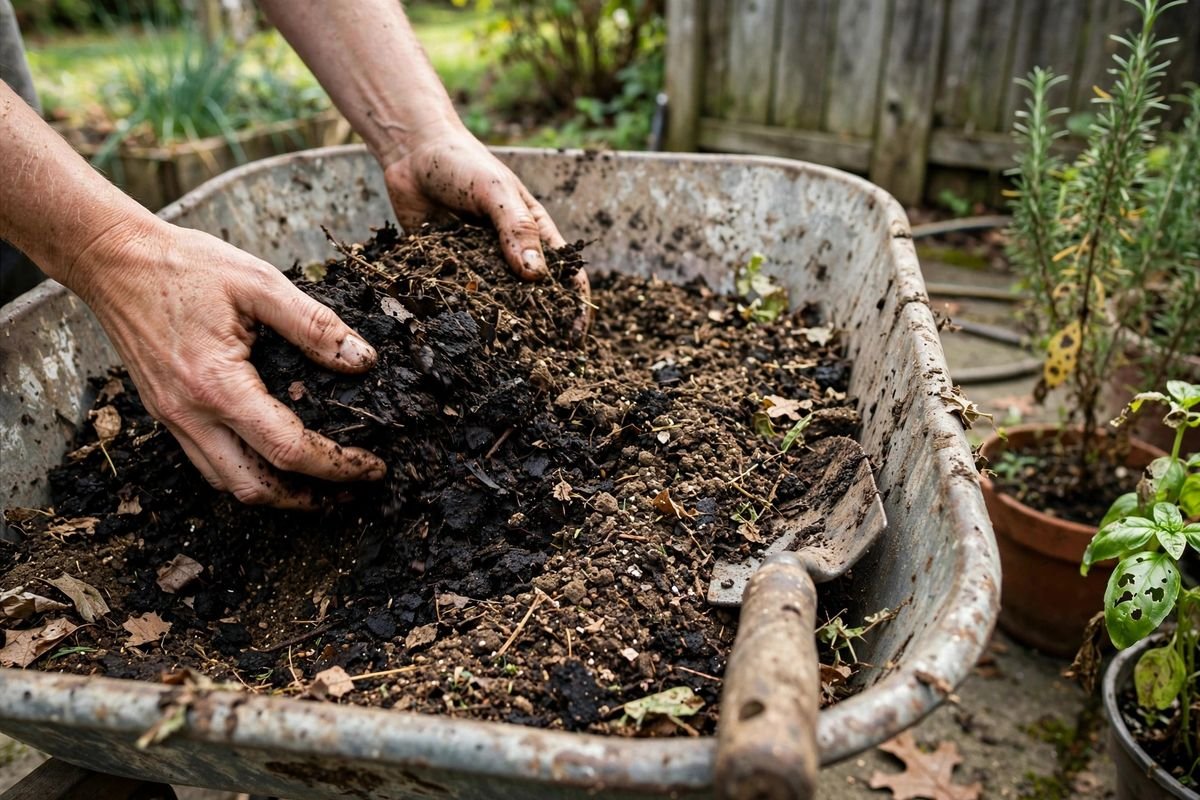 Sifting old potting soil through a mesh screen to remove roots and debris