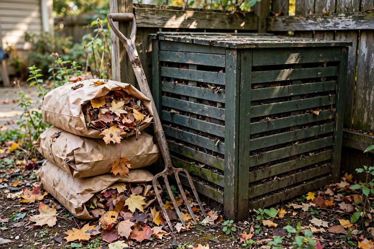 Small backyard compost area with bin, leaf bags, and garden tools