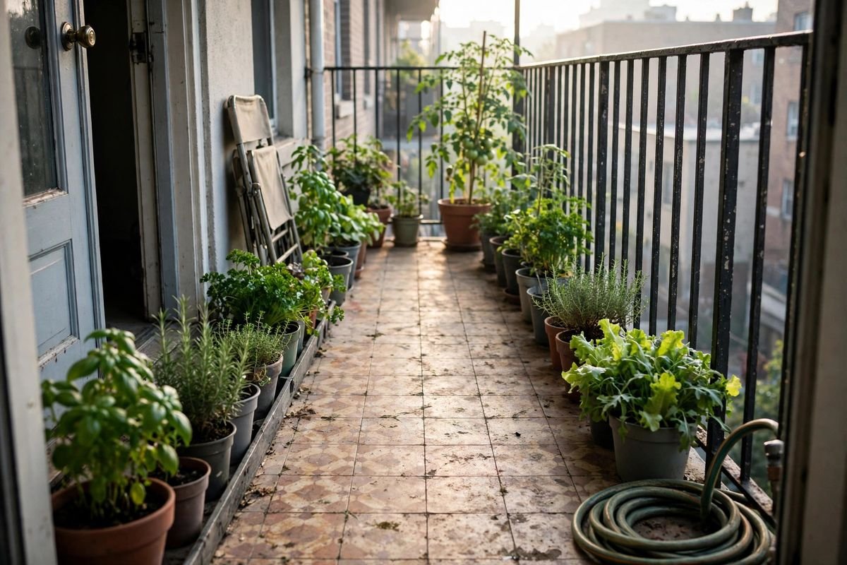 A small balcony layout with pots along the railing, a folding chair, and a clear walking path