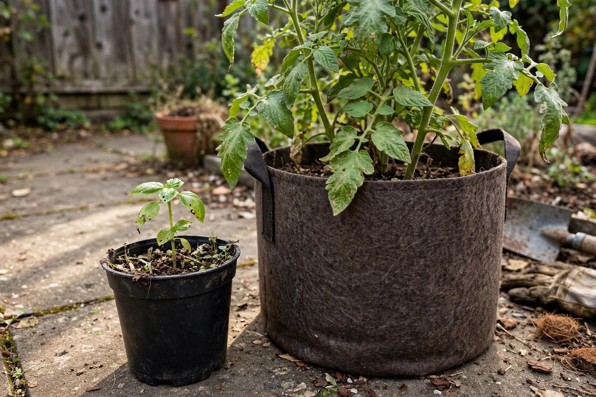 Small black plastic pot next to a large fabric grow bag for size comparison