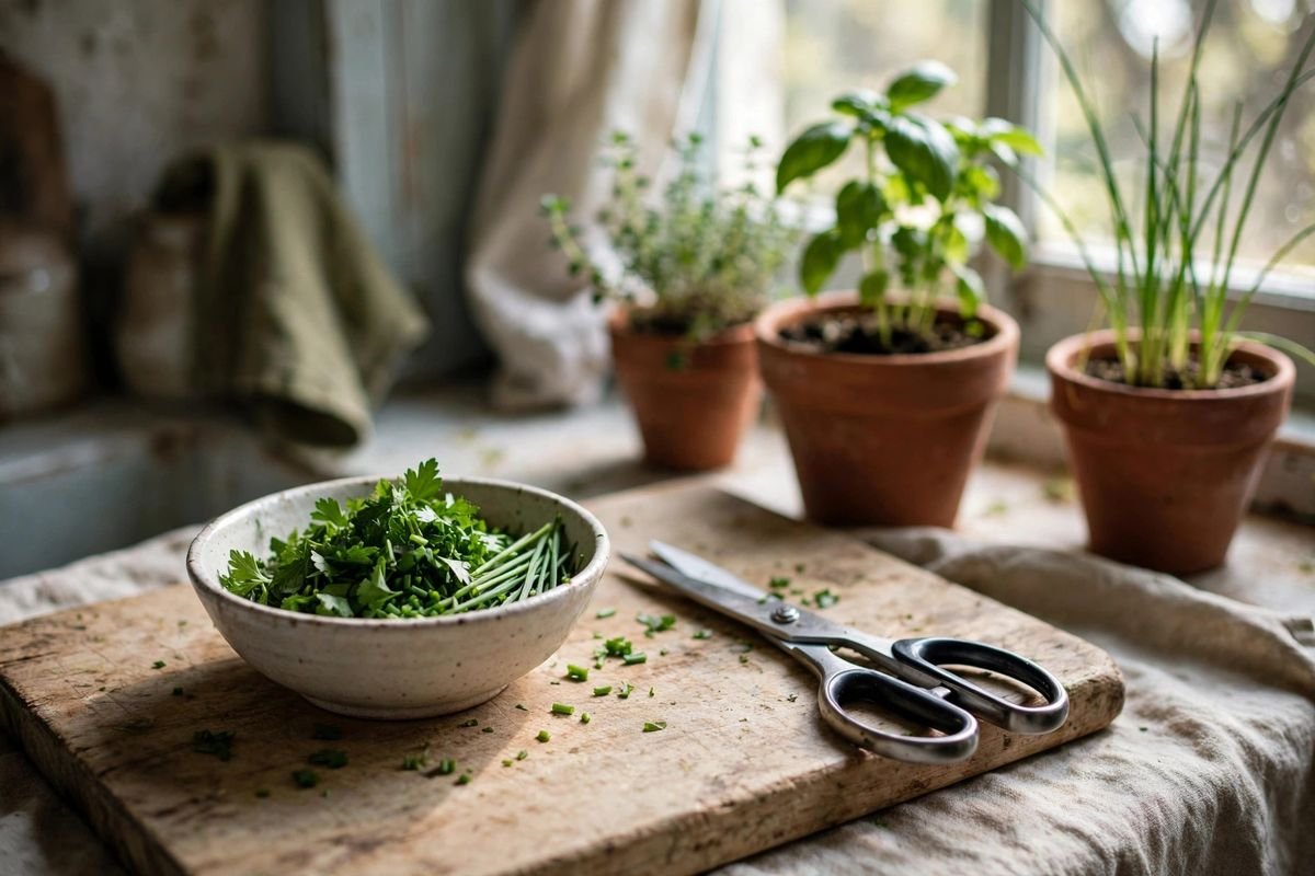 Small bowl of freshly cut parsley and chives next to scissors on a wooden board with herb pots in soft window light behind
