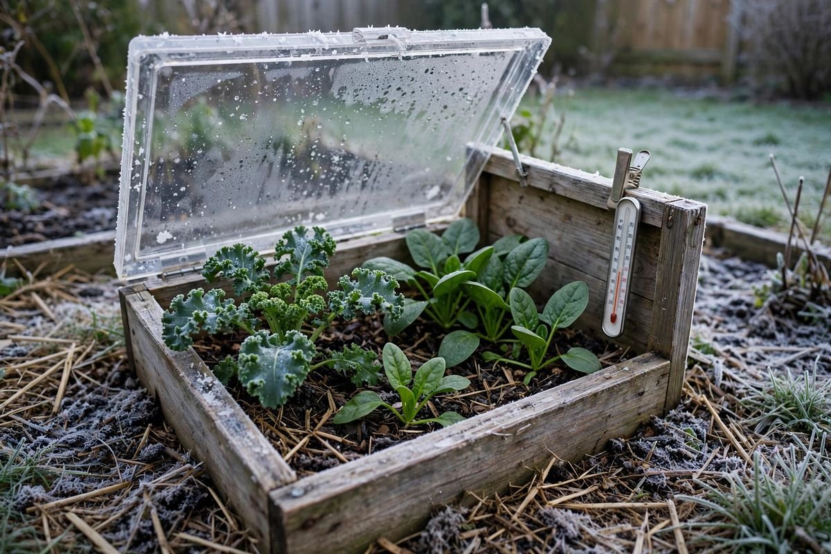 Small cold frame in a backyard bed with kale and spinach inside, thermometer clipped to the side and straw mulch along the north edge