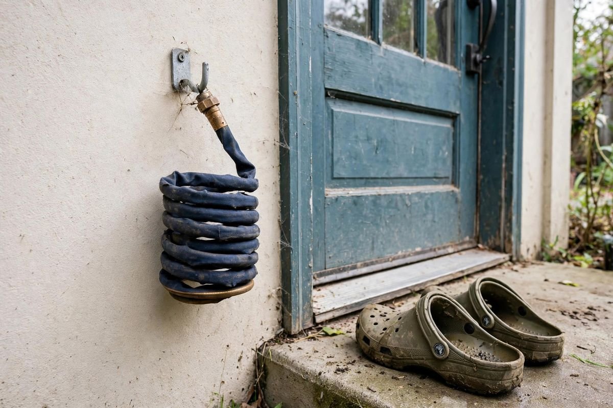 A small compact coil of an expandable hose hanging on a small hook beside a back door
