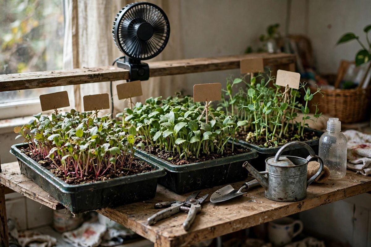 Small fan moving air gently across trays of microgreens on an indoor shelf