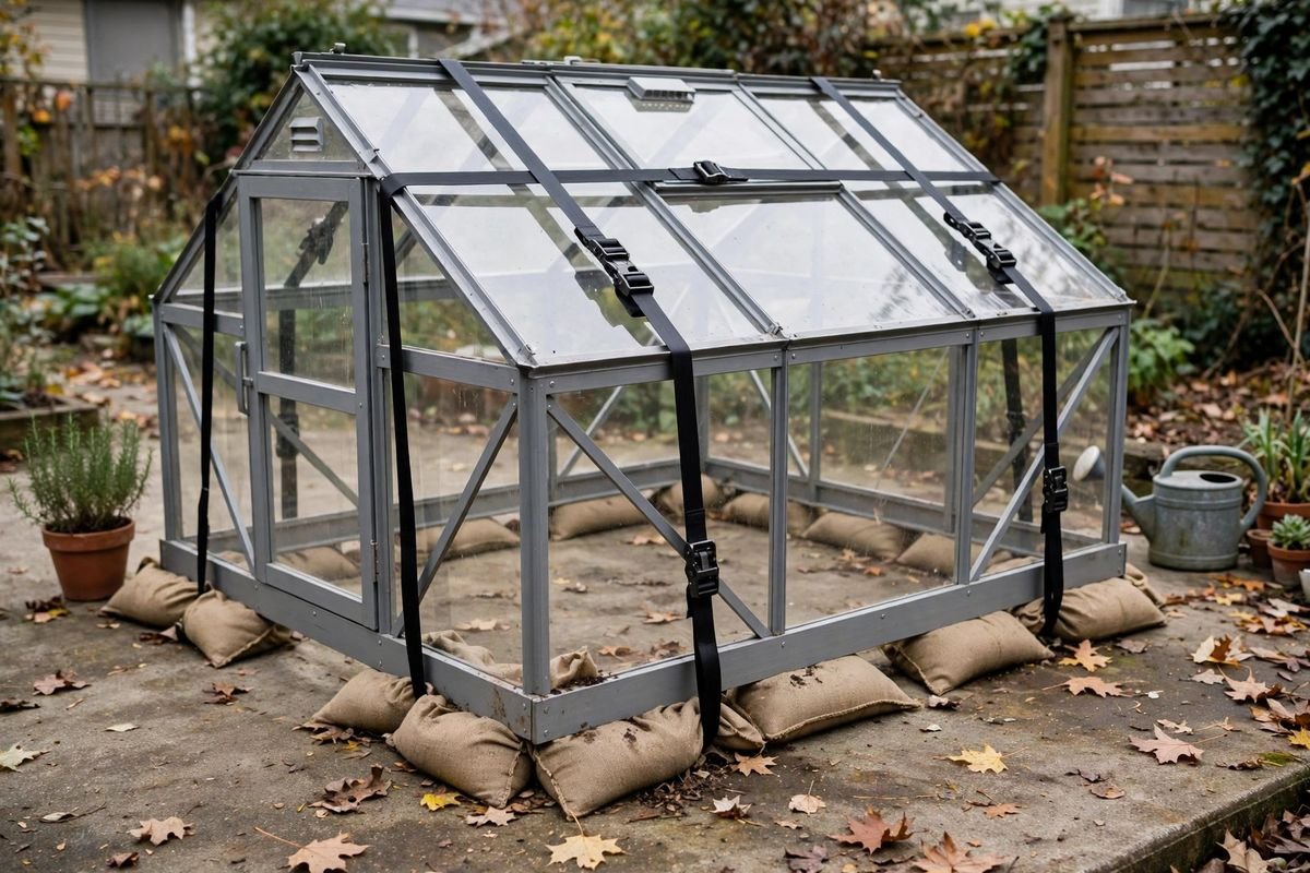 Small greenhouse shifted sideways on a concrete patio after wind, one corner lifted with a tipped watering can and loose pots nearby