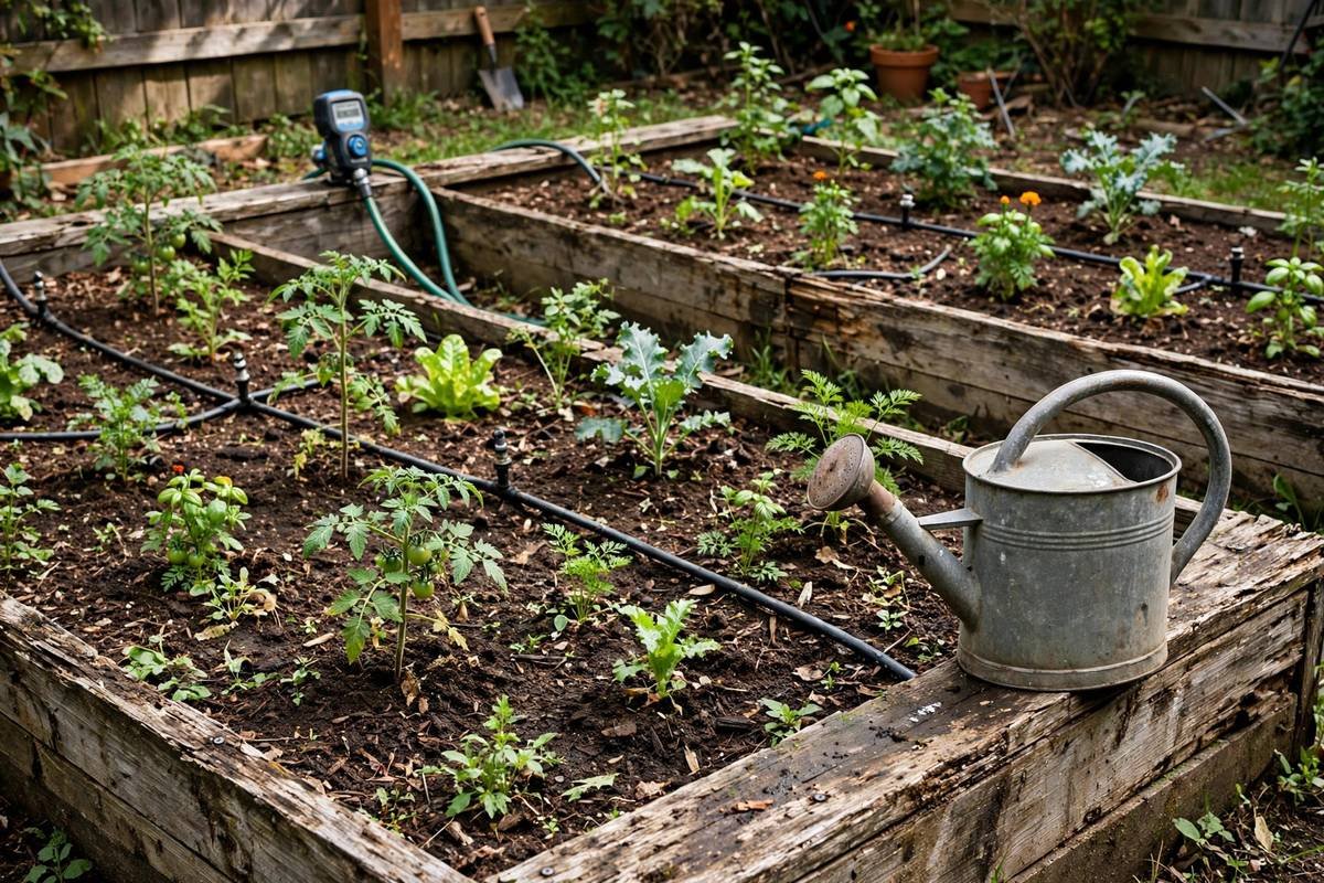 A small home vegetable garden with a hose timer and drip lines running through mulched raised beds