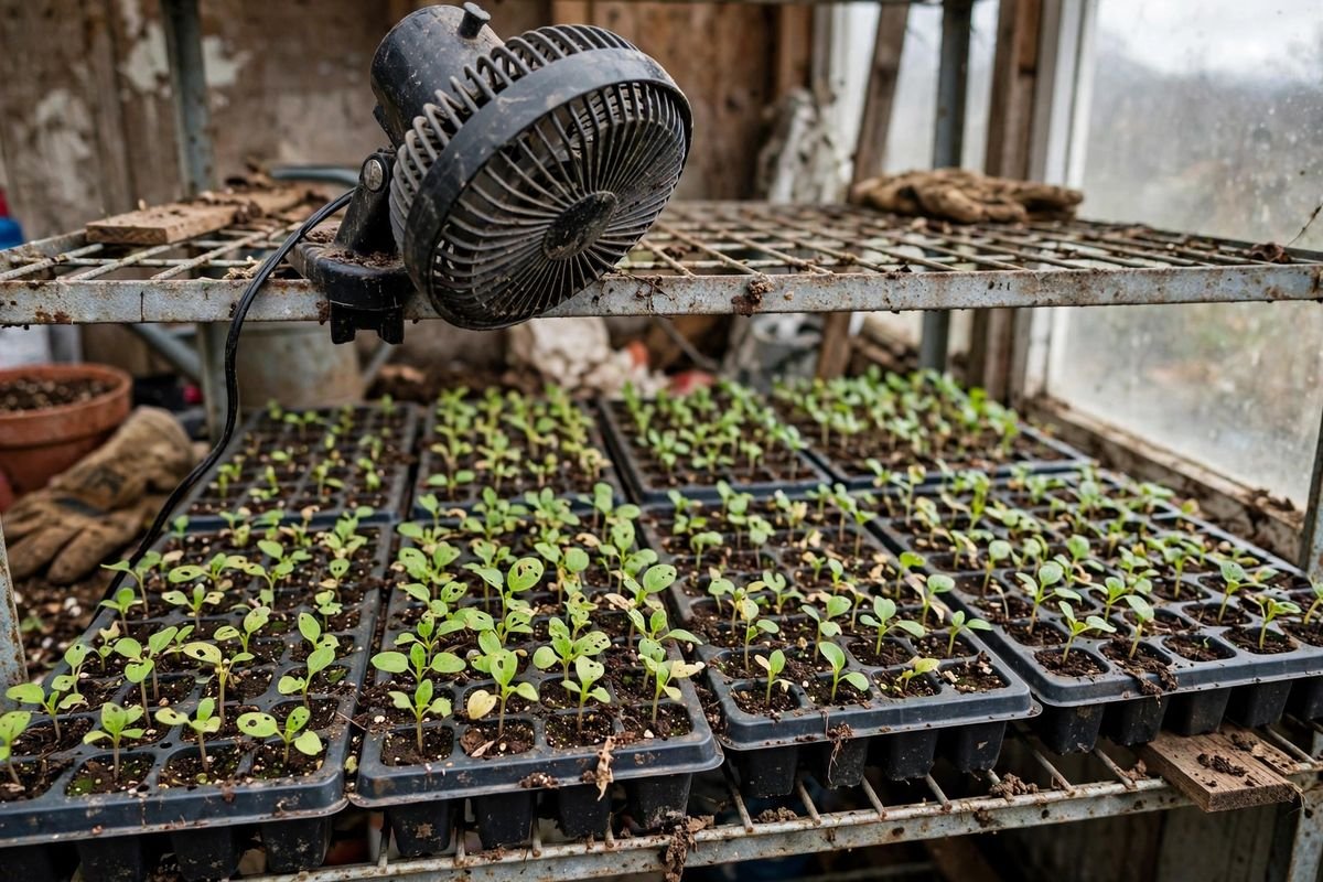 A small oscillating fan on a shelf sweeping air across rows of seedling trays
