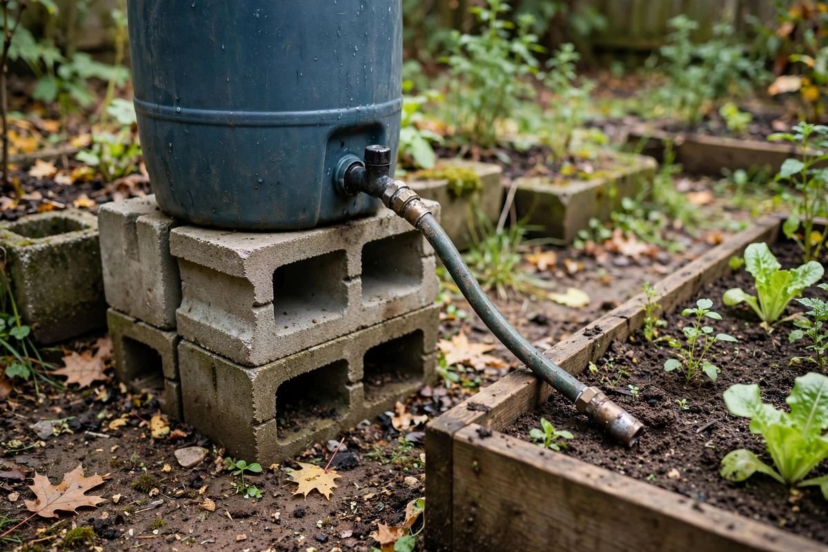 A small rain barrel raised on concrete blocks with a short hose running from its spigot to a raised bed