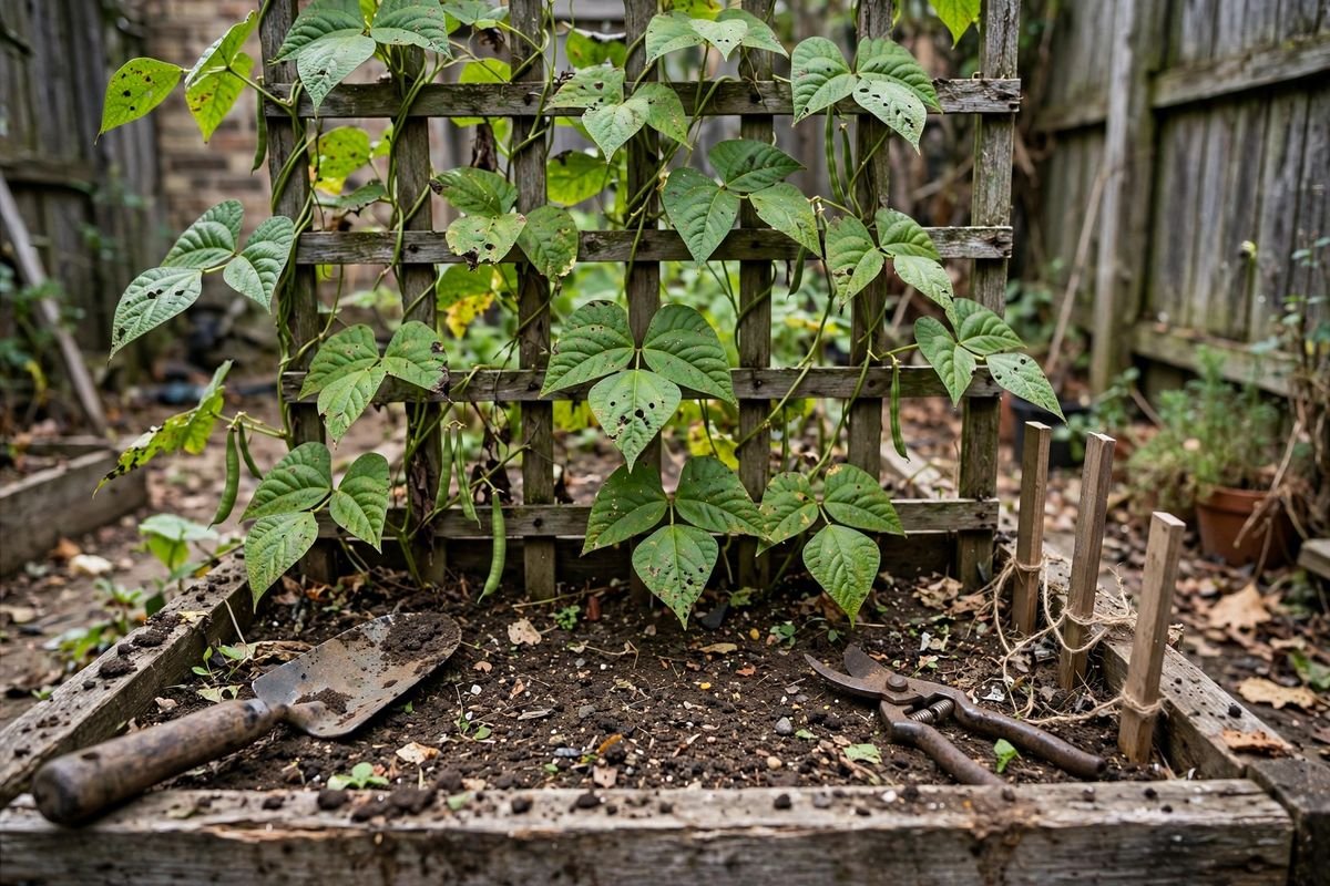 Small raised bed with a vertical trellis at its back edge, beans climbing in a tight space