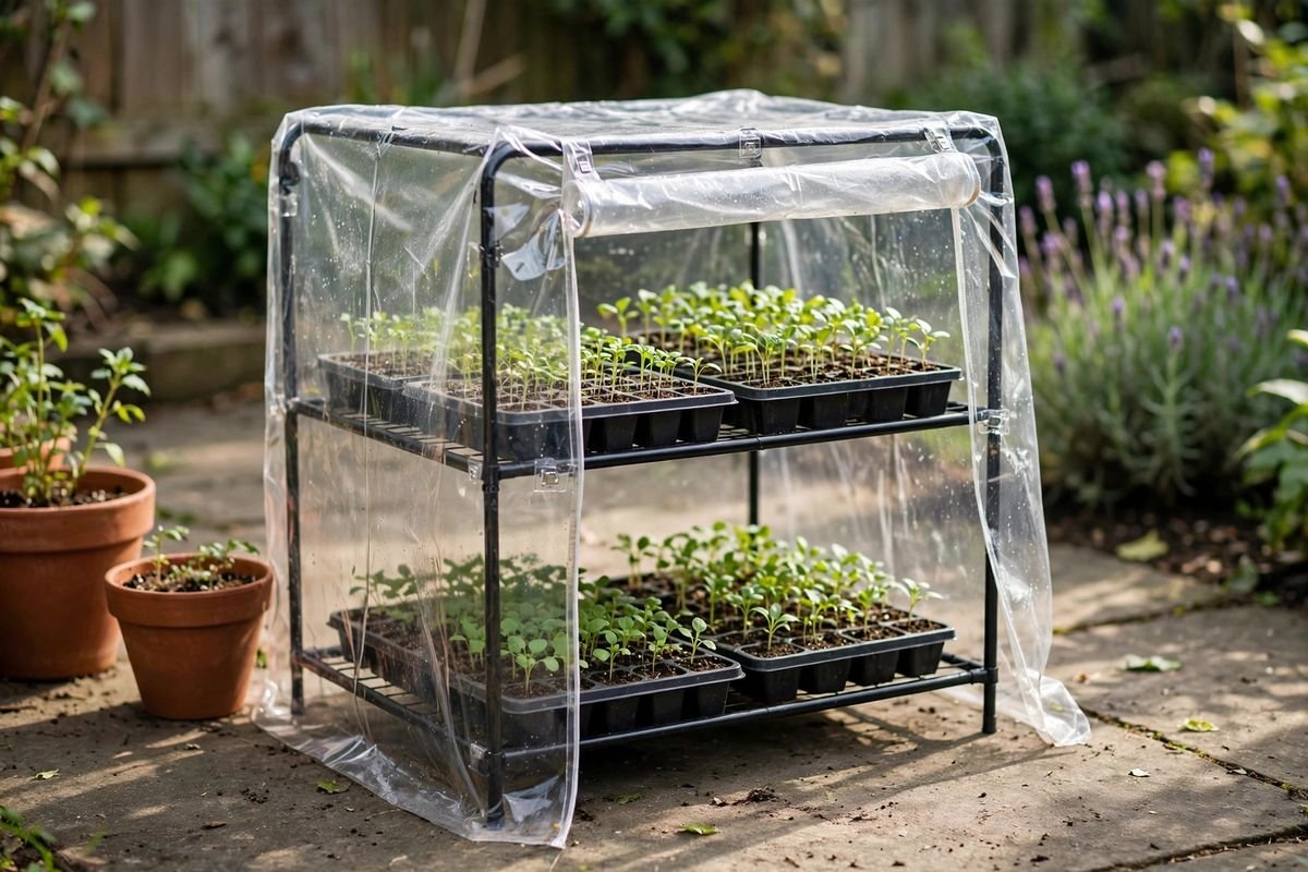 Small shelf-style mini greenhouse with clear cover on a patio, seedling flats on two shelves and a thermometer hanging inside
