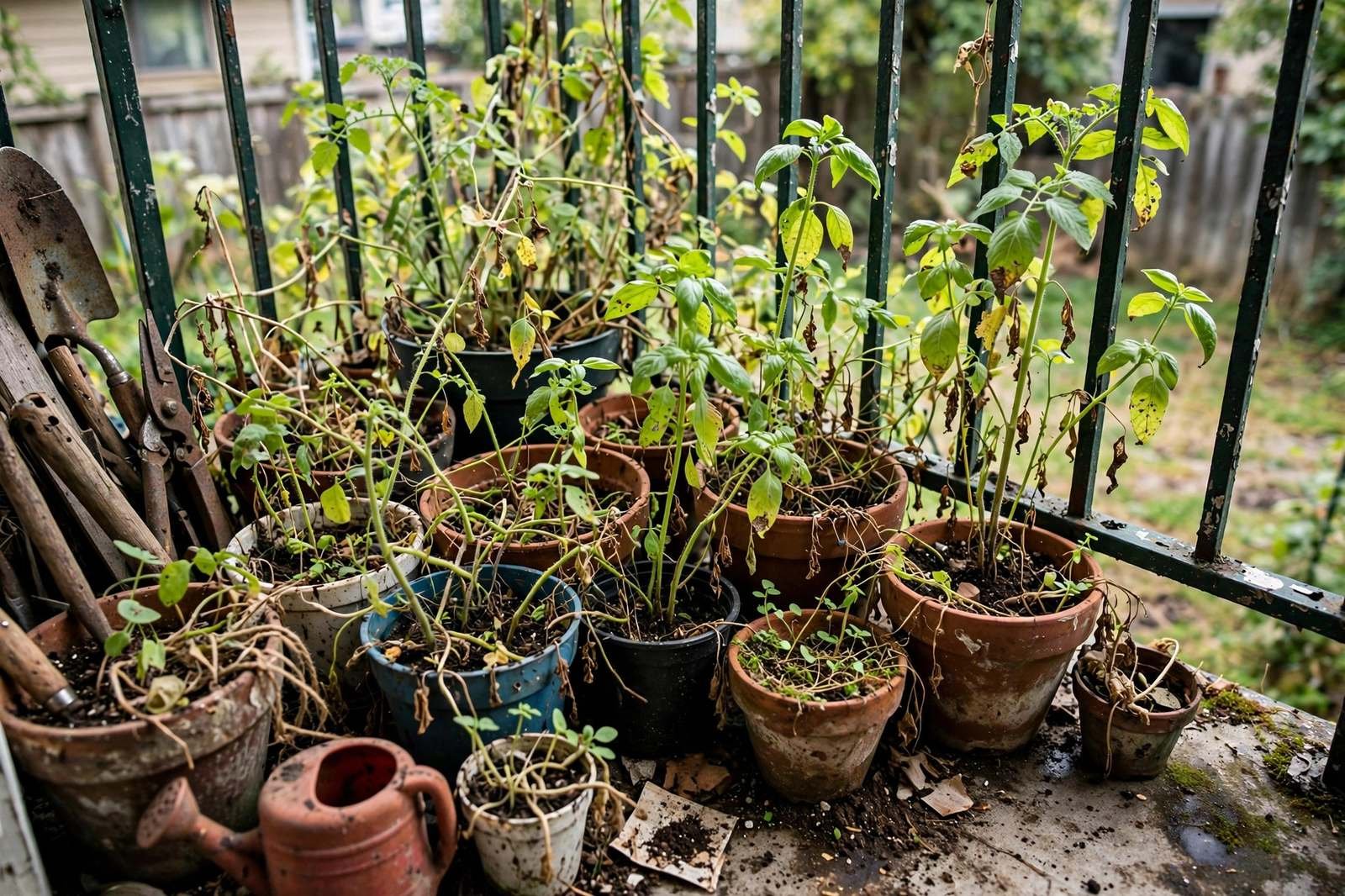 Cramped balcony with too many crowded pots and tangled plants showing common small-space mistakes