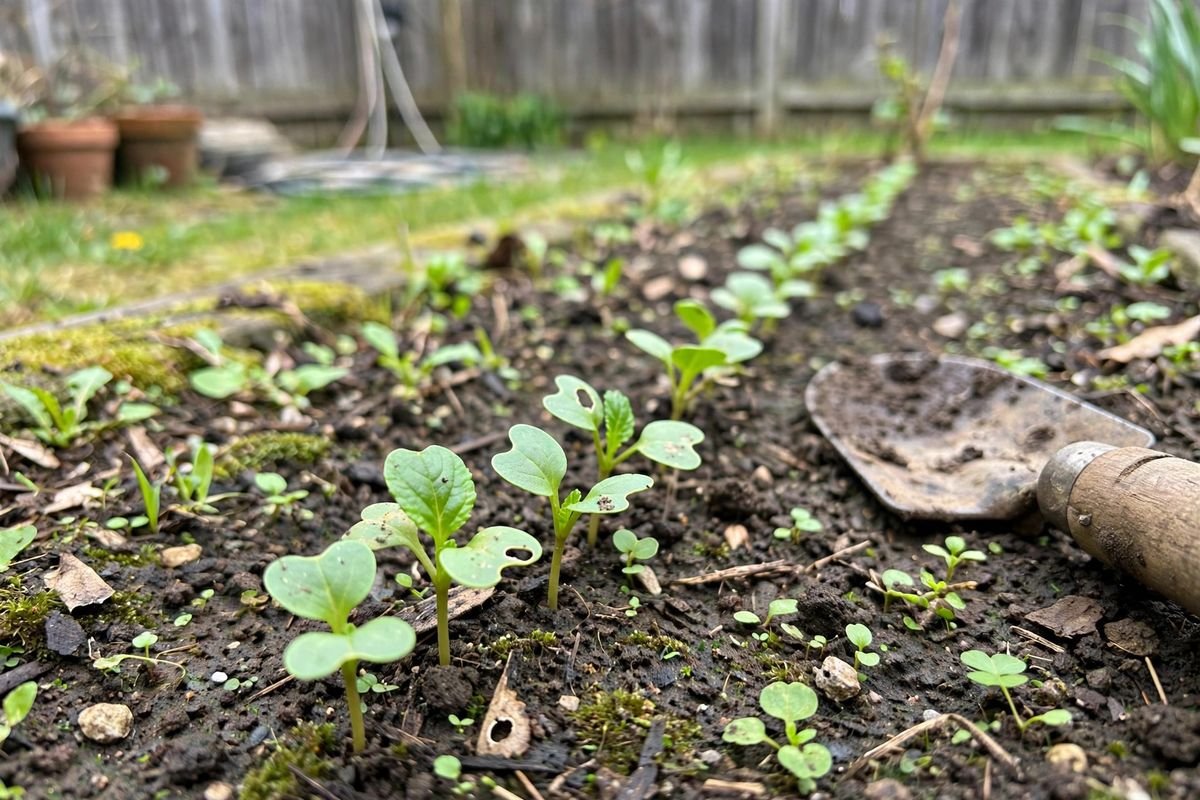 Small tatsoi seedlings with rounded first leaves emerging in a garden row