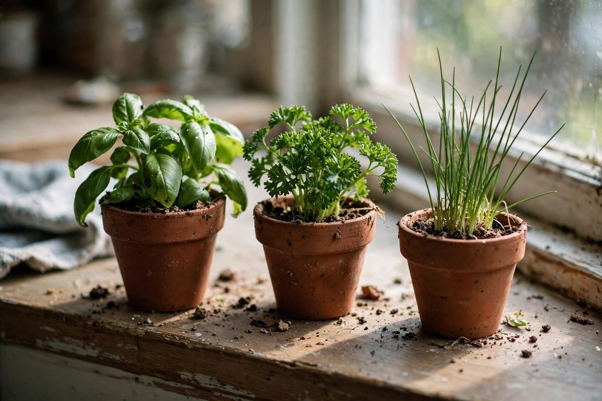 Small terracotta pots of basil, parsley and chives on a kitchen windowsill with morning light and a few soil crumbs on the sill