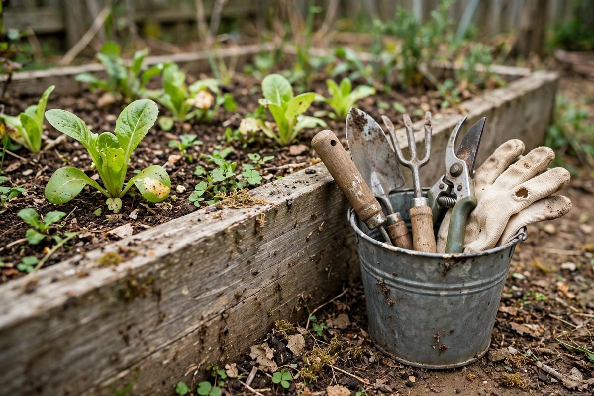 A small tidy tool bucket beside a raised bed, with no oversized equipment in sight