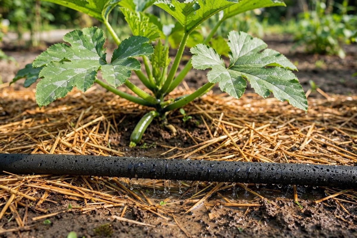 Soaker hose watering the base of a zucchini plant under straw mulch on a bright morning