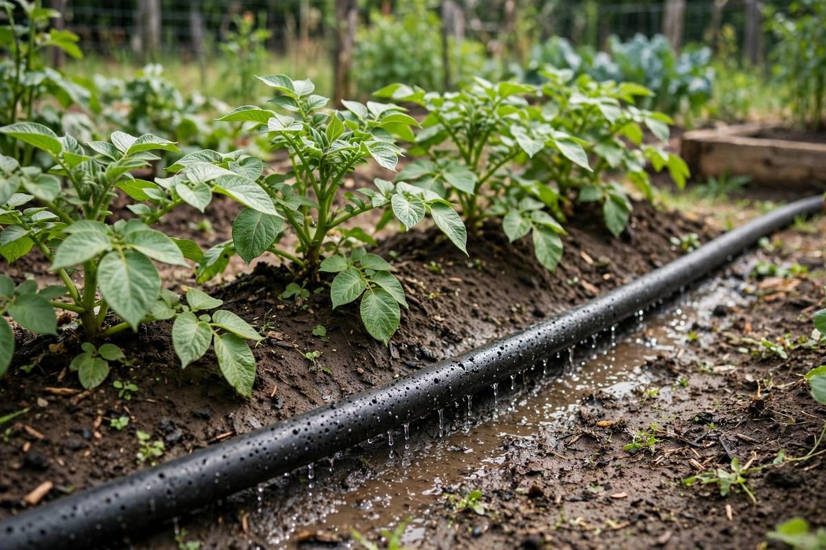 Soaker hose watering potato plants at soil level along a hilled row
