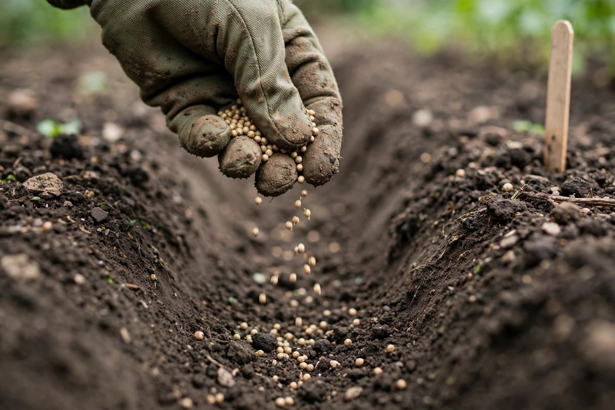 A soil-stained gloved hand scattering small round tan cilantro seeds into a shallow furrow in dark garden soil, with a blank wooden plant marker at the row end