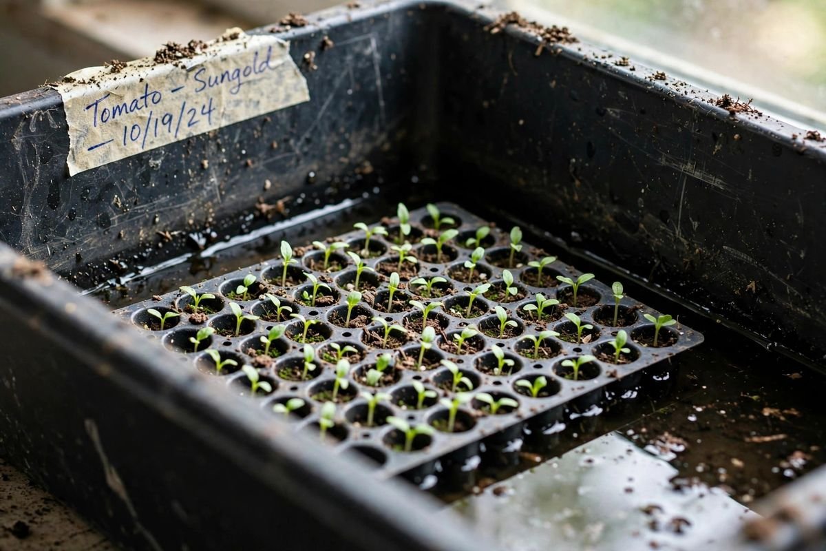 A solid-bottom 1020 tray holding a shallow layer of water with a 72-cell seedling insert sitting in it, the waterline visible against the tray wall, a handwritten masking-tape label on the tray edge, soil crumbs on the tray rim