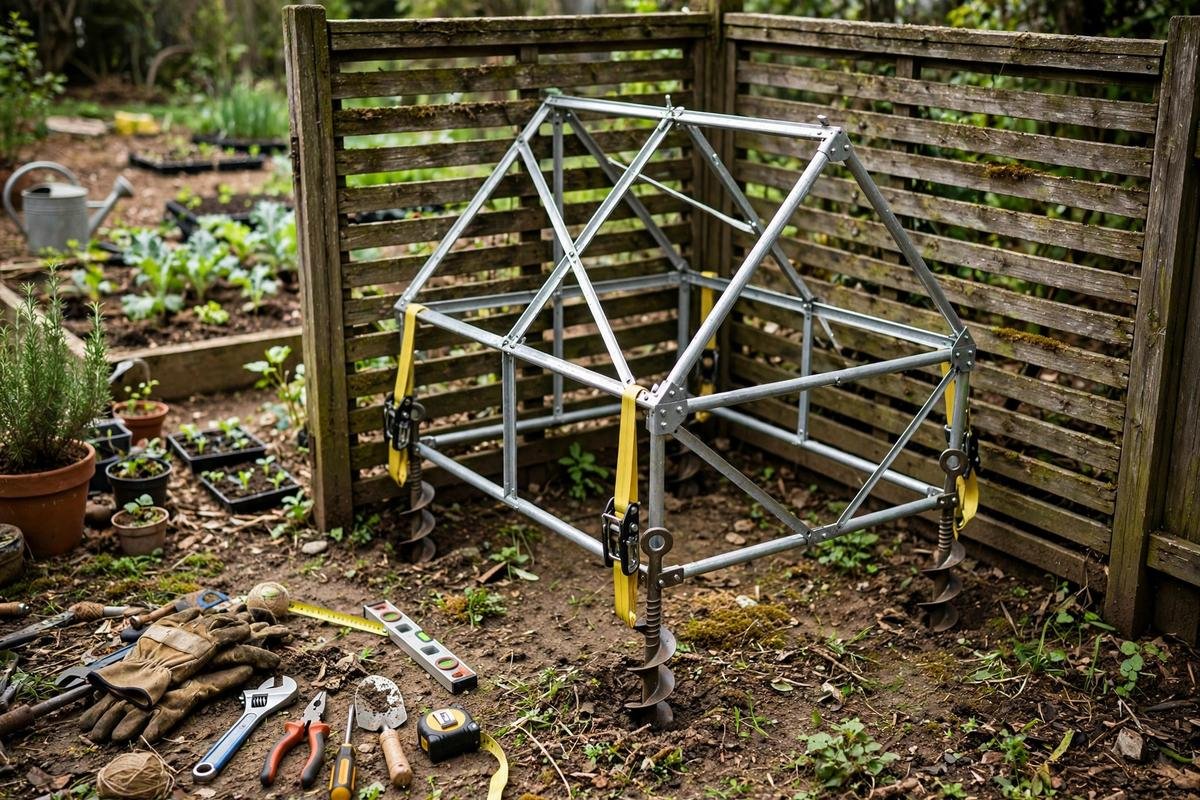Spiral ground anchor screwed into soil beside a greenhouse base rail, strap attached, with a weathered wooden stake nearby