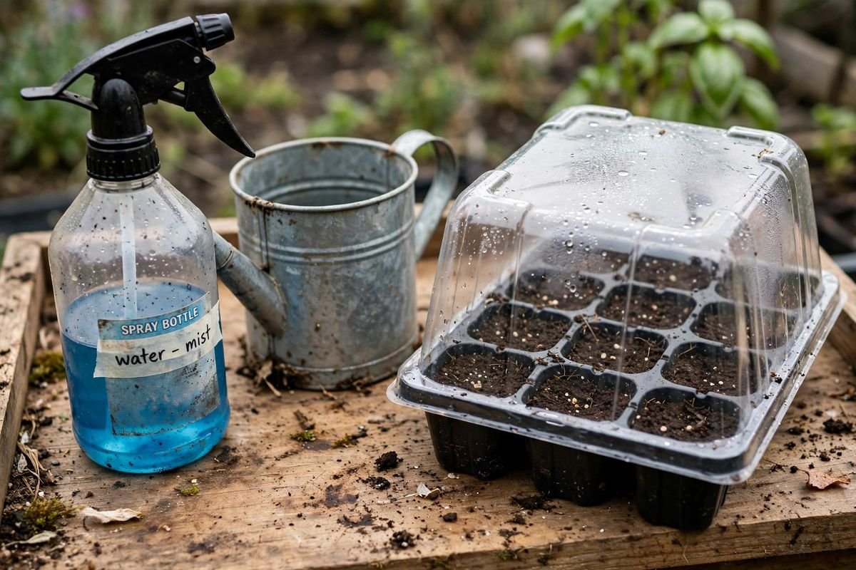 A spray bottle and a small watering can beside a tray of freshly sown cells covered with a clear dome