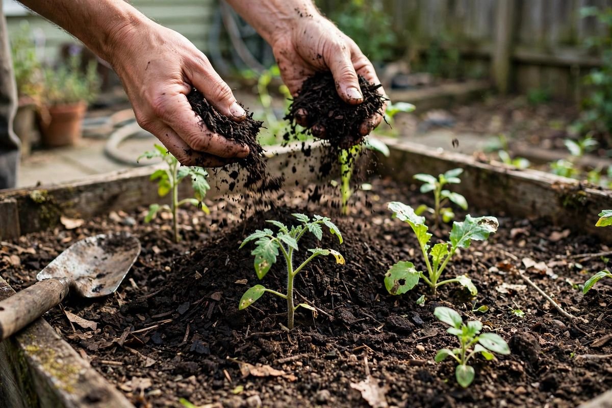Spreading dark finished compost around vegetable plants in a garden bed