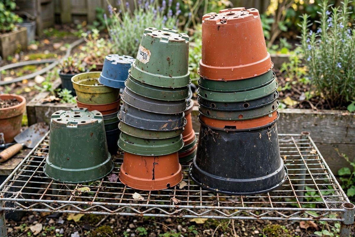 A stack of plastic pots in mixed sizes drying upside down on a wire shelf