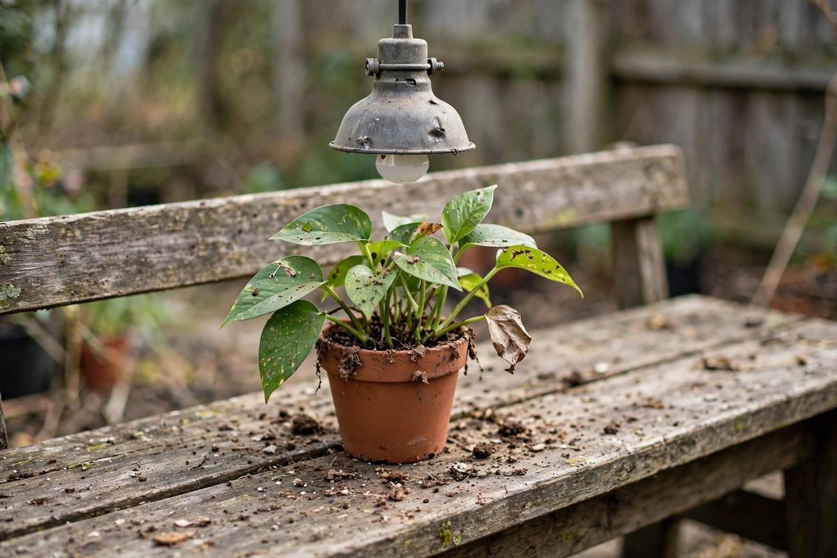 A standard screw-in grow bulb in a plain socket shade above a single potted houseplant on a wooden bench, with soil crumbs on the bench