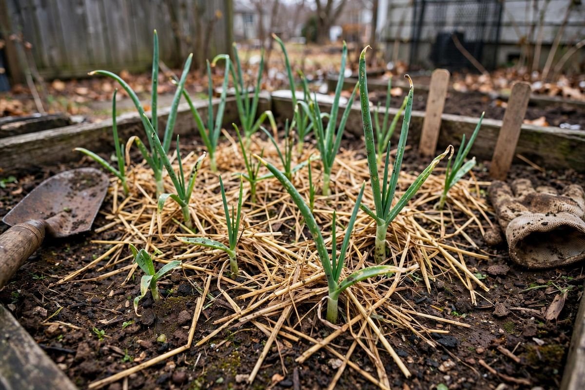 Straw mulch tucked around young onion plants in a winter garden bed