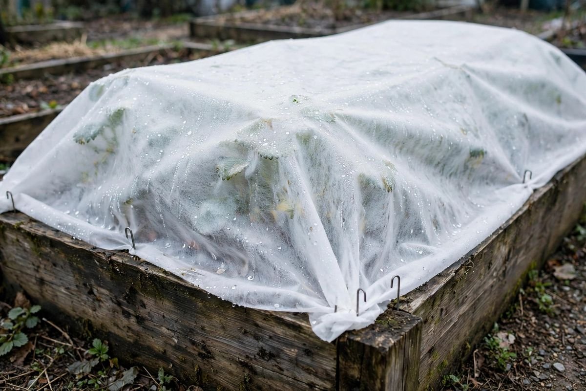 A strawberry bed covered with white frost cloth on a cold morning, fabric pinned at the weathered bed corners
