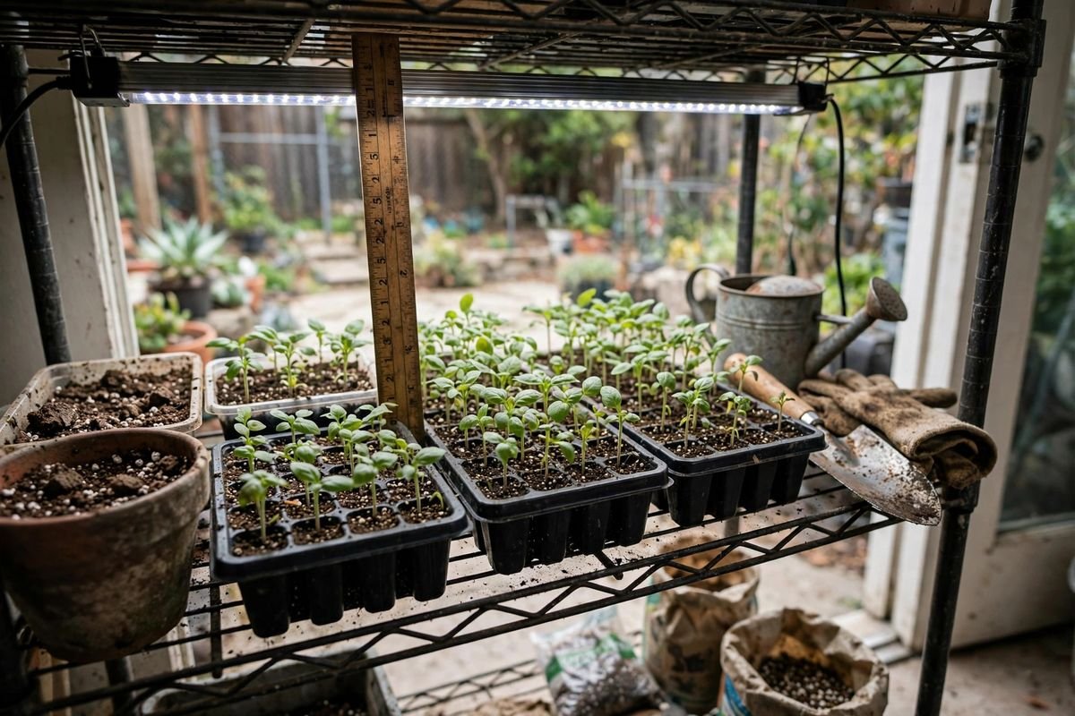 Sturdy seedlings under a slim LED light bar on a metal shelf with a ruler showing light distance