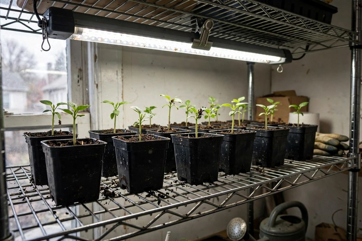 Sturdy short seedlings standing upright under a shop light on a wire shelf