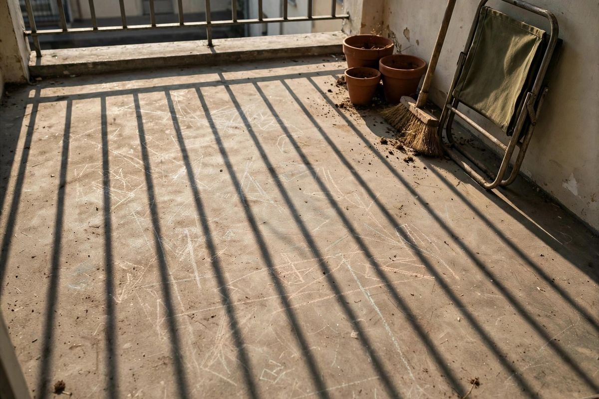 Sun and shadow lines across a small balcony floor beside empty pots waiting to be placed