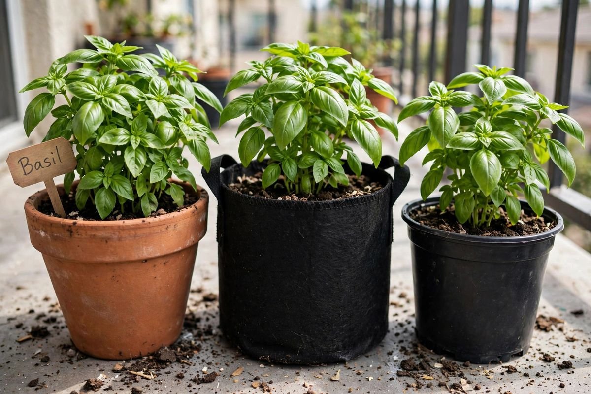 Sweet basil growing in a terracotta pot, a fabric grow bag, and a plastic nursery pot side by side on a balcony