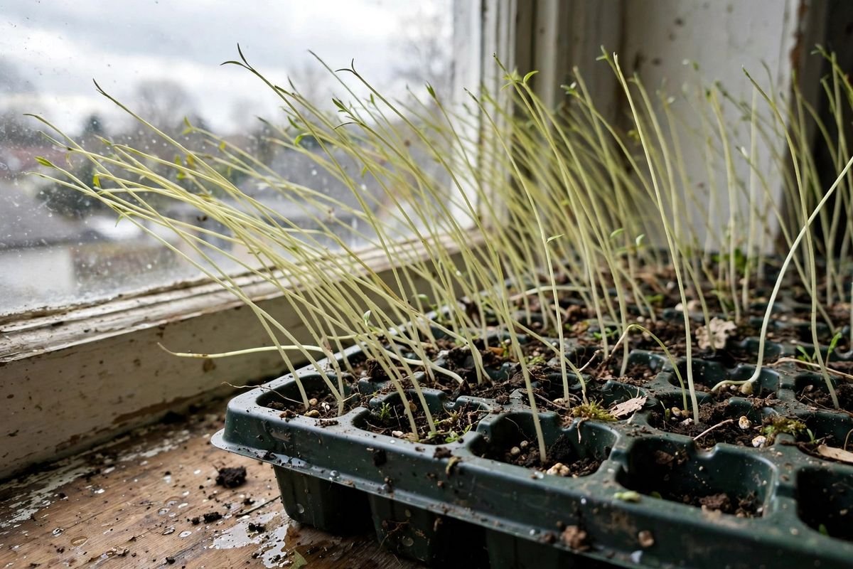 Tall pale leggy seedlings leaning toward a bright window above a seedling tray