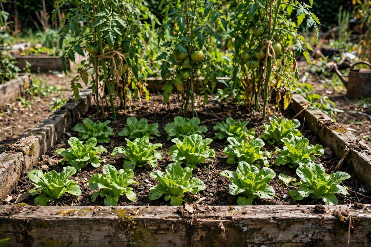 Tall tomato plants at the north end of a raised bed shading shorter lettuce rows in front of them