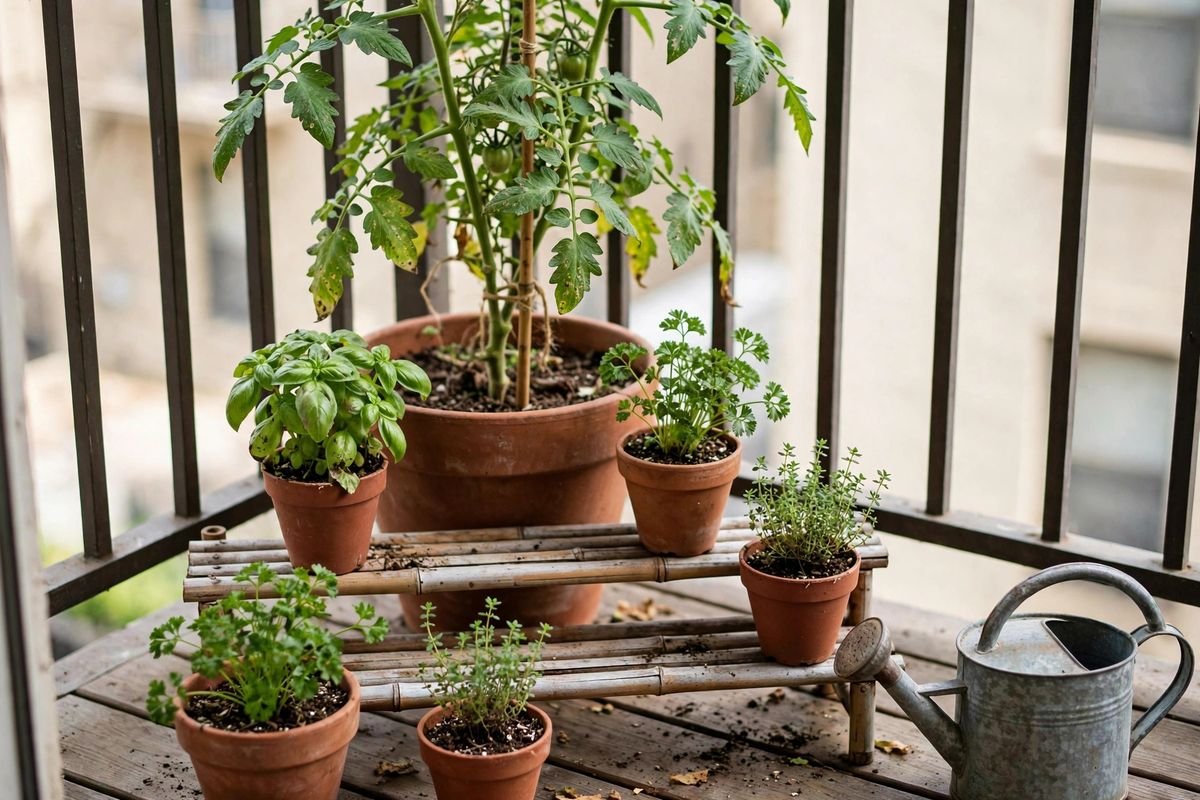Tall tomato pot at the back of a balcony with shorter herb pots tiered in front