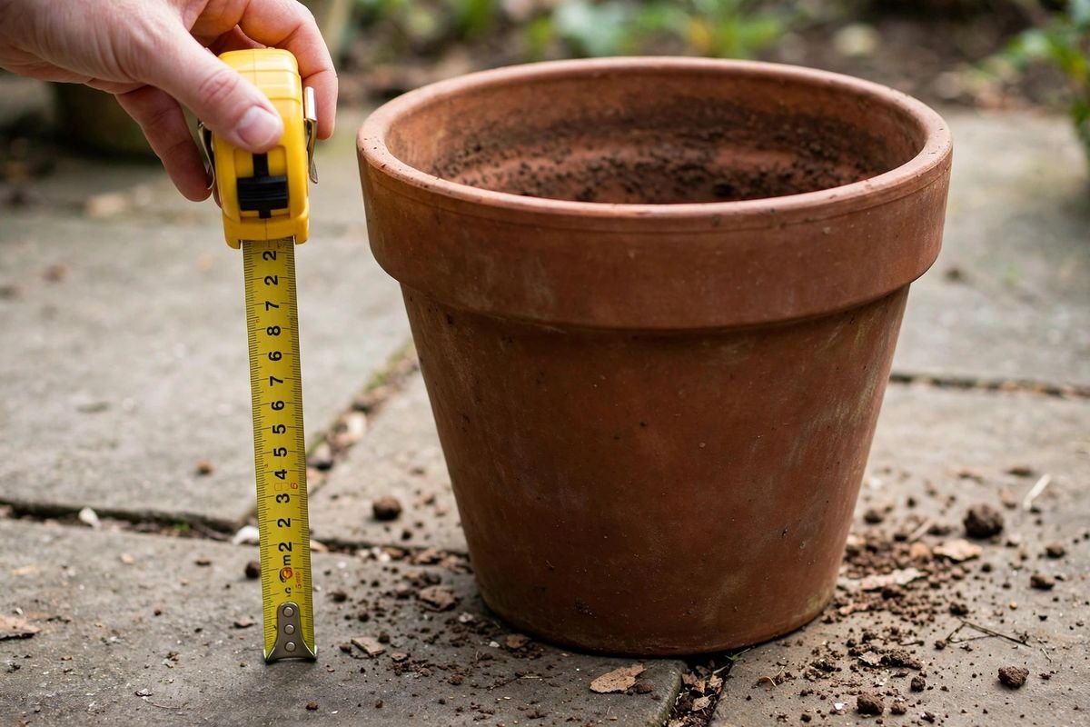 A tape measure held beside a deep empty pot on a patio, with soil crumbs nearby