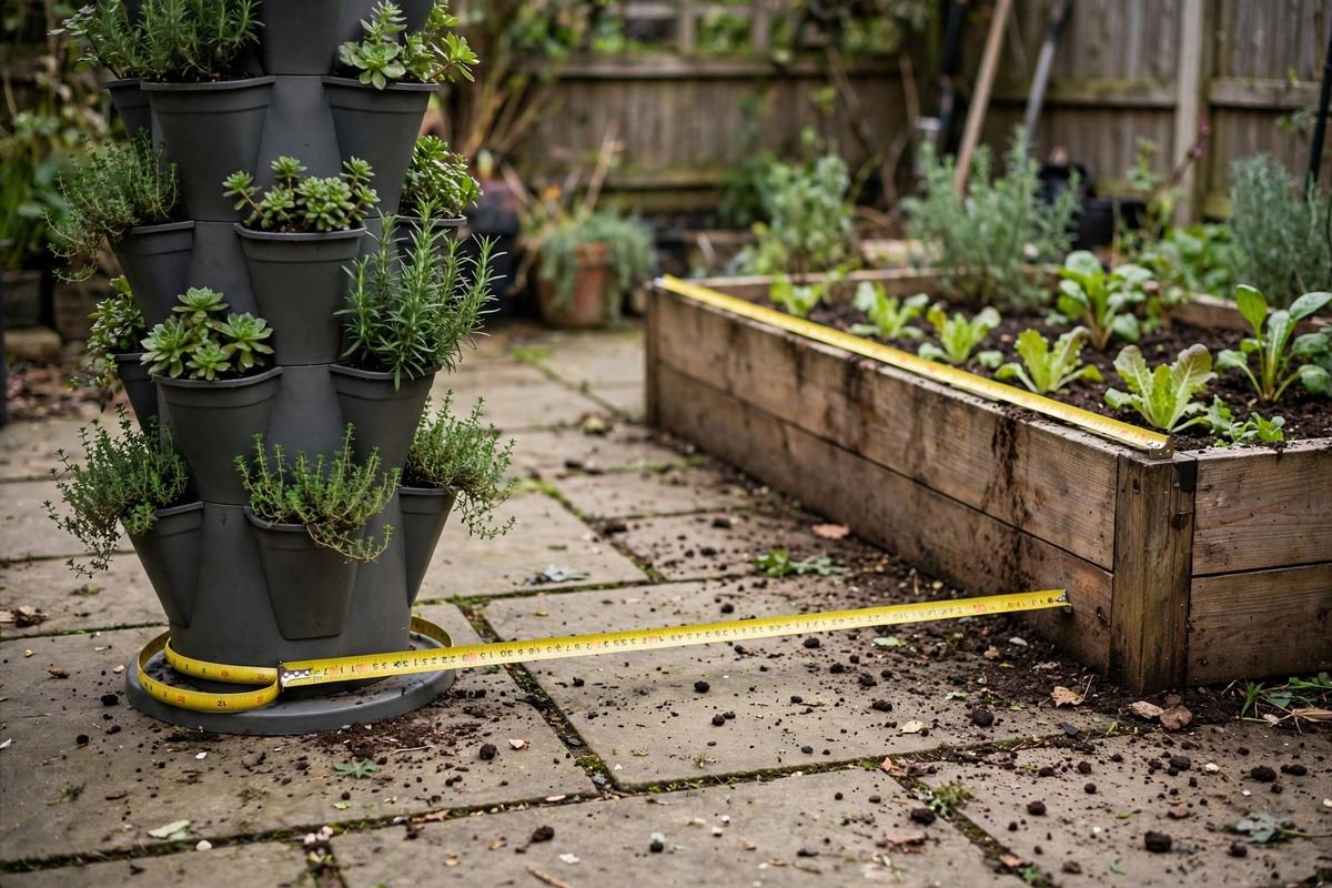 A tape measure stretched across the base of a vertical planter and a raised bed to compare footprint
