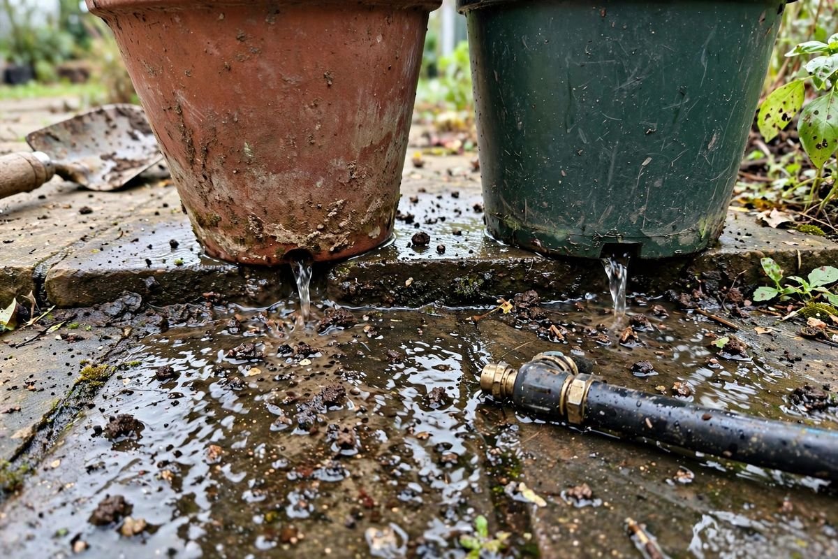 Terracotta and plastic pot bases side by side just after watering, water streaming from their drainage holes onto wet patio stones with soil crumbs in the runoff