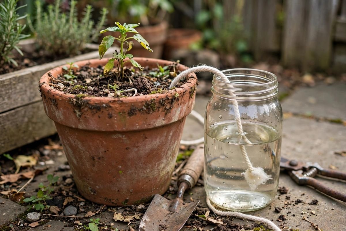 A terracotta pot with a cotton wick running into a water reservoir beside it on a patio
