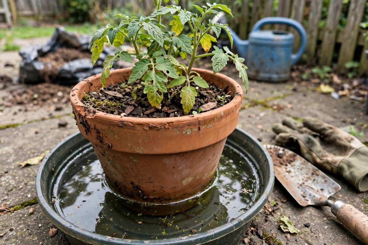 Terracotta pot sitting in a deep saucer of water for bottom watering