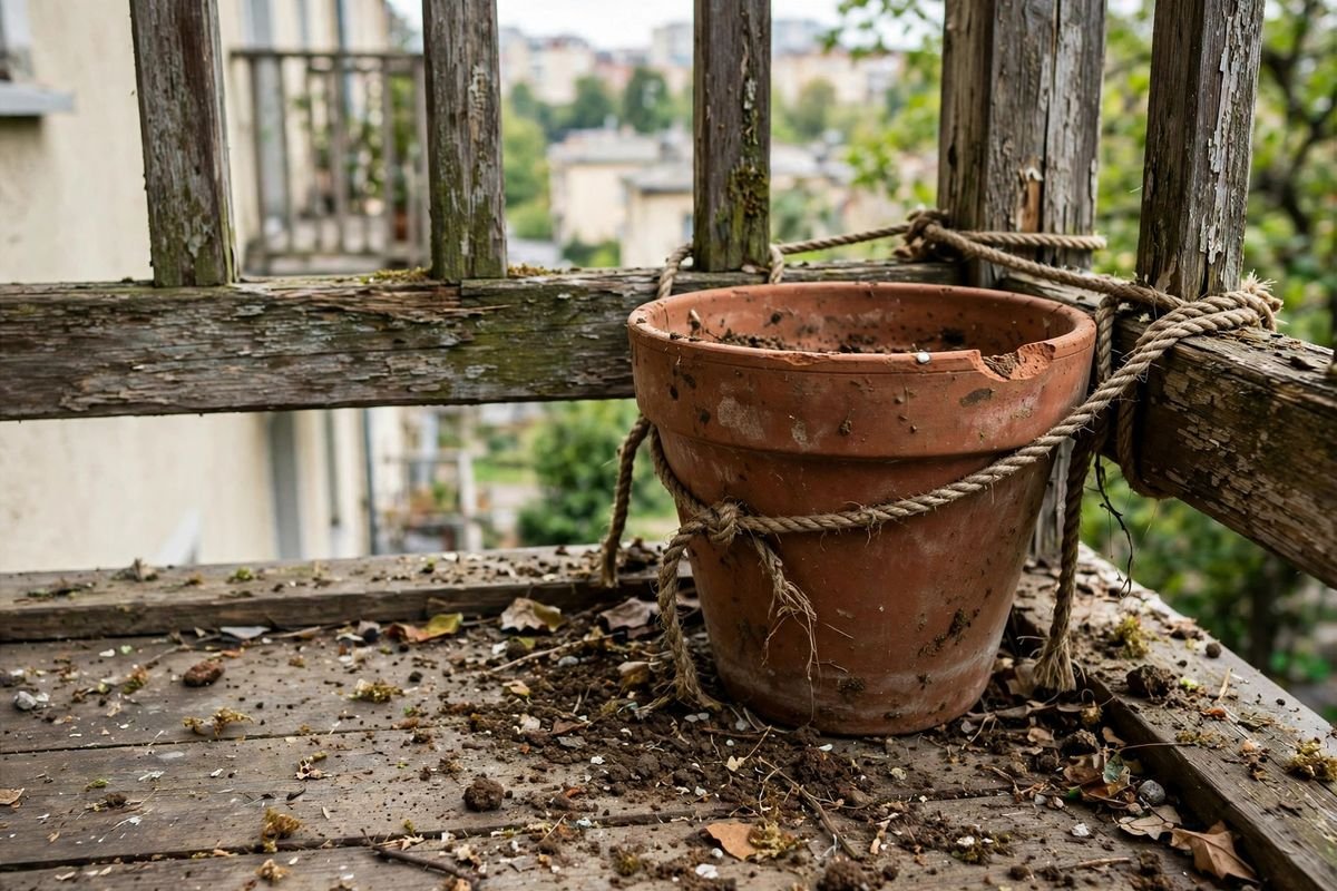 A terracotta pot tied with rope to a balcony railing, with weathered wood and loose soil on the floor