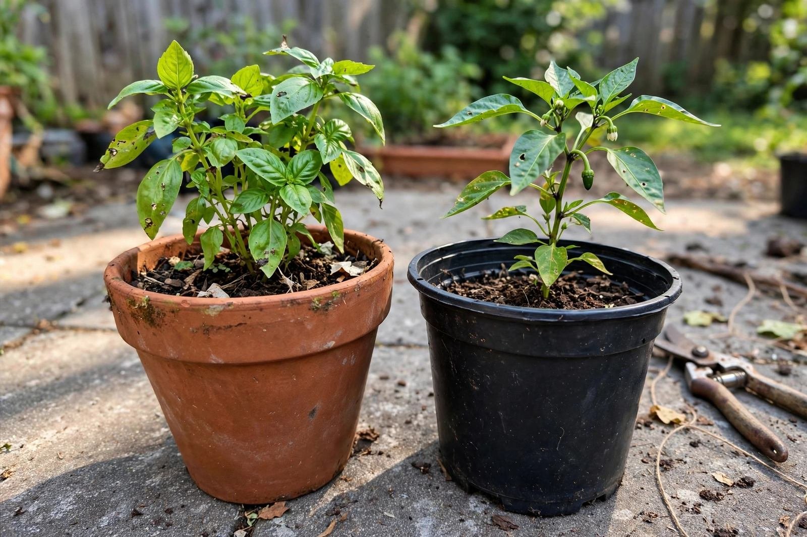 Terracotta pot with basil and black plastic pot with a young pepper plant side by side on a patio with pruners and soil crumbs nearby