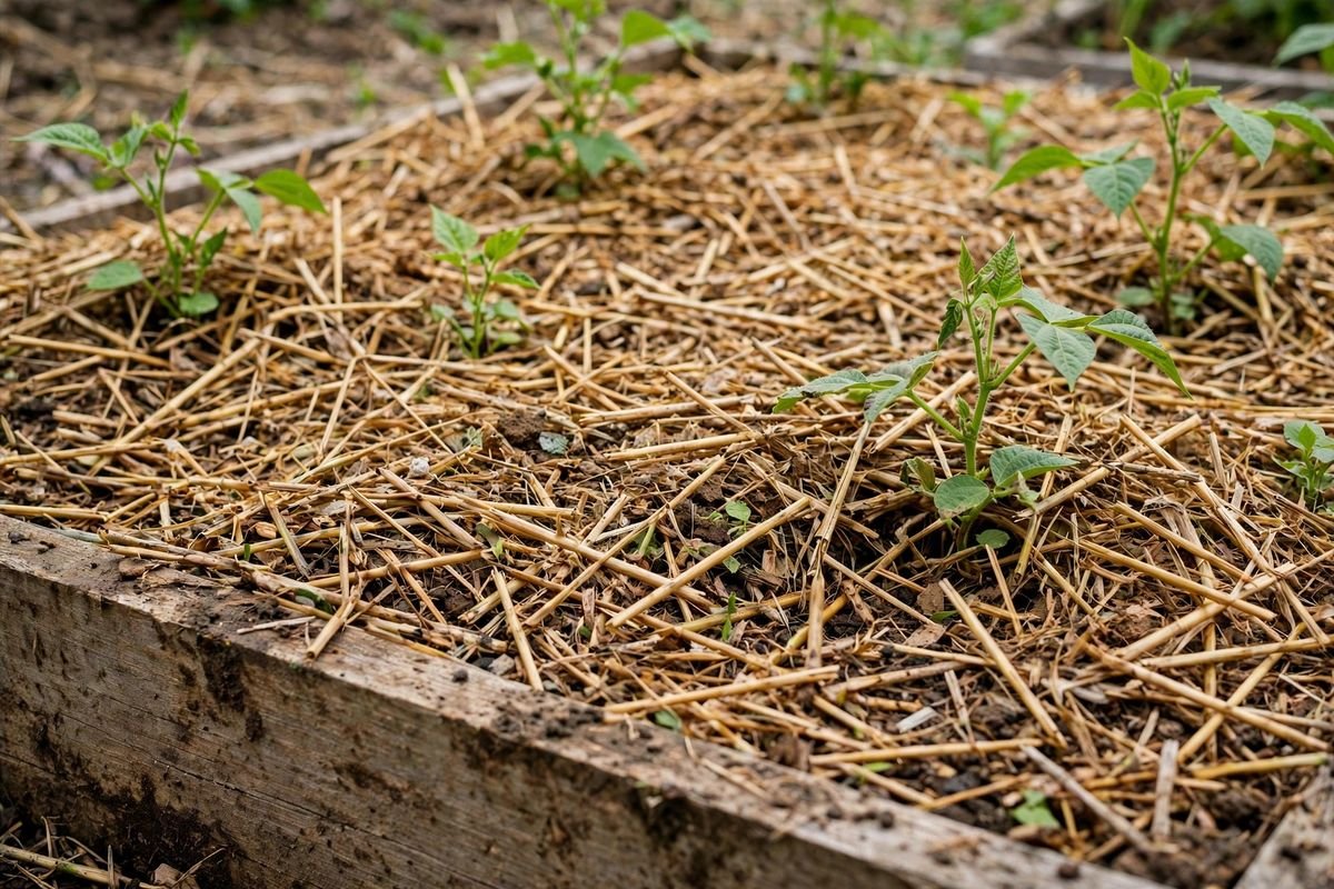 A thick straw mulch layer over soil in a raised bed, with green bean plants growing through it