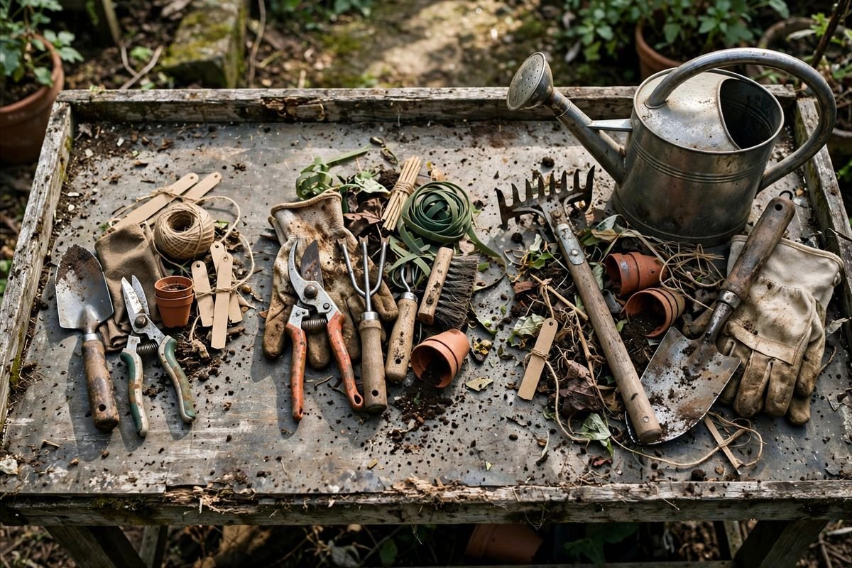 Three grouped sets of garden gear in small, medium, and larger piles on a potting bench