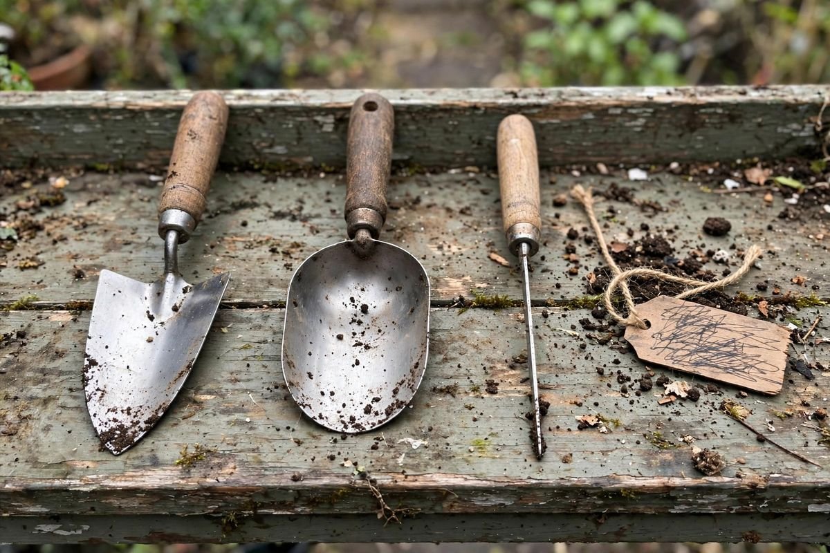 Three hand trowels with different blade shapes lined up on a weathered potting bench next to soil crumbs and a plant label