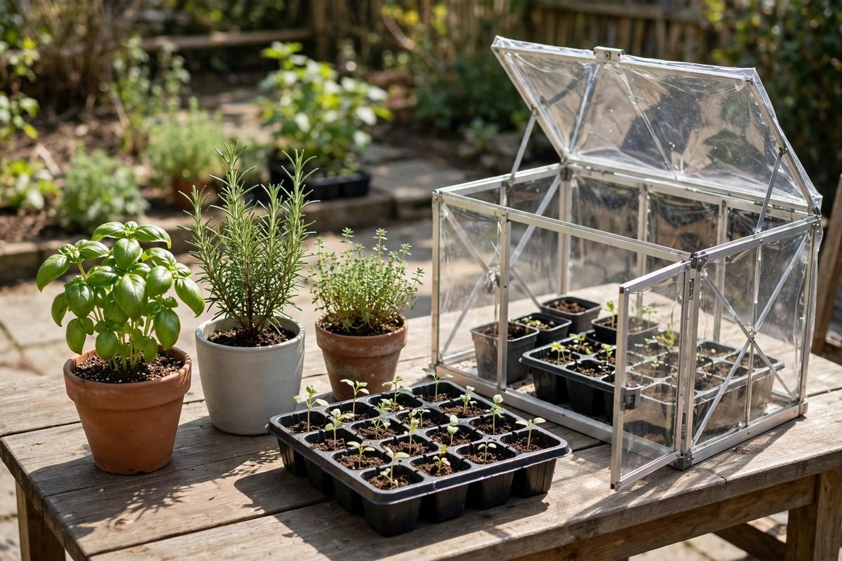 Three small potted herbs and a seedling tray arranged on a patio table beside an open mini greenhouse door in late afternoon light