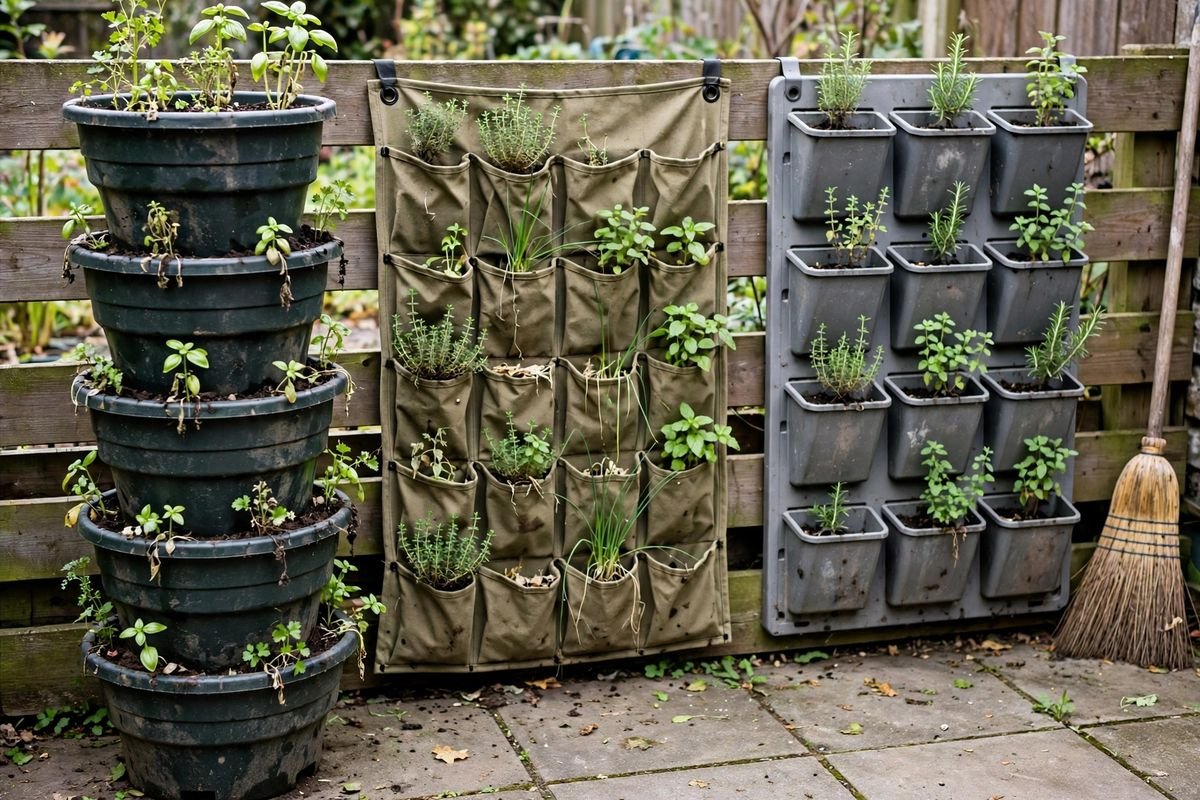 Three vertical planter formats side by side on a patio: a stacked tower, a fabric pocket panel, and a rigid wall planter