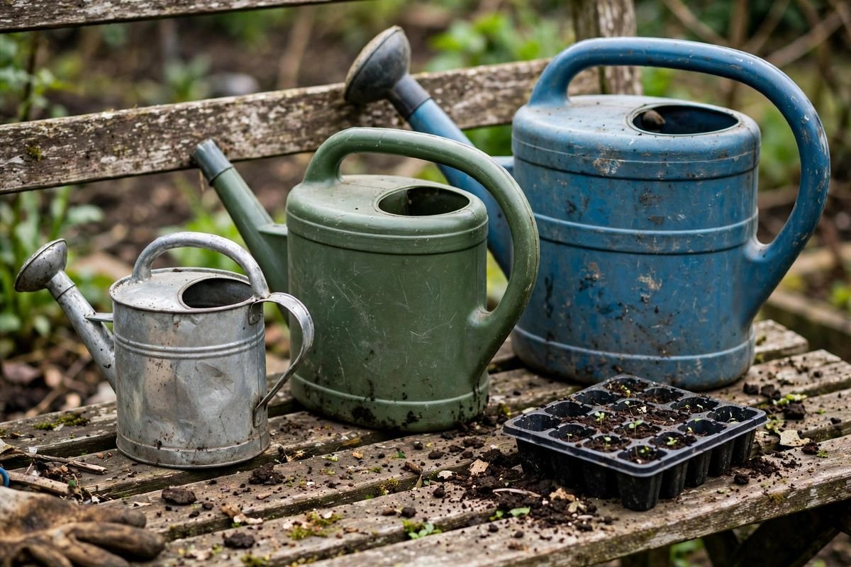 Three watering cans of different sizes on a garden bench, with soil crumbs and a small seed tray nearby